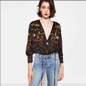 Zara printed wrap front satin bodysuit